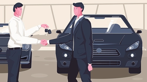 Used car dealer flat composition with human characters of automobile dealership manager shaking hands with buyer vector illustration