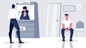 Bank cashier flat composition with indoor branch scenery and waiting people with cashiers window and client vector illustration