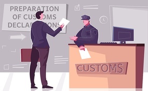 Custom declaration flat composition with border checkpoint stand and officer of red channel with editable text vector illustration