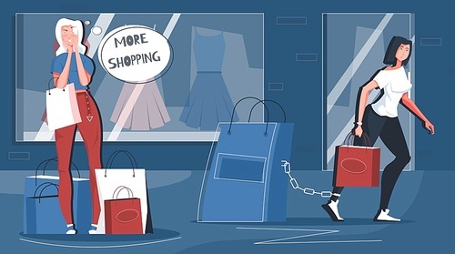 Shopaholism flat composition with shop display background and female characters chained to shopping bags with text vector illustration