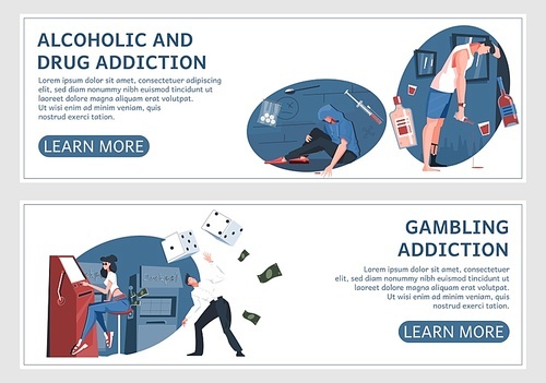 Set of two addiction horizontal banners with flat human characters editable text and learn more buttons vector illustration