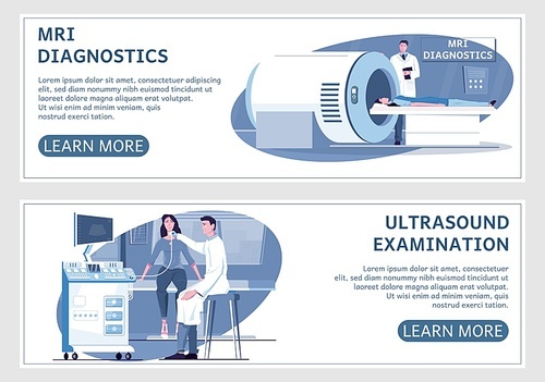 Medical examination set of two horizontal banners with learn more buttons editable text and flat images vector illustration