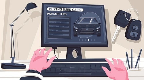 Used car online flat composition with human hands at working space with computer and online market vector illustration