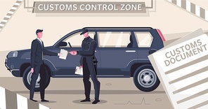 Customs clearance cars flat composition with stripes and document images with characters of guard and driver vector illustration
