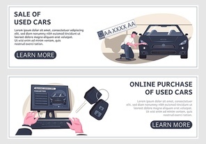 Set of two horizontal used car banners with editable text learn more buttons and flat images vector illustration