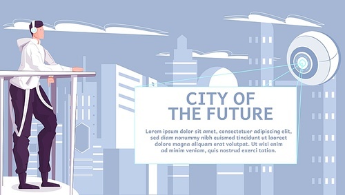City of future flat background with teen looking at abstract futuristic object radiating light rays and flying over skyscrapers vector illustration