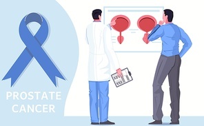 Men healthcare flat background with prostate  cancer awareness blue ribbon doctor and patient considering infographics poster vector illustration