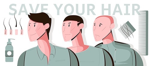 Baldness men flat composition with editable text and hair samples with human characters of balding men vector illustration