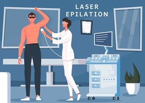 Armpit hair removal man composition with text and clinic scenery with doodle people and medical apparatus vector illustration