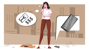 Broke smartphone flat composition girl dropped her bag on the ground and phone crashed vector illustration