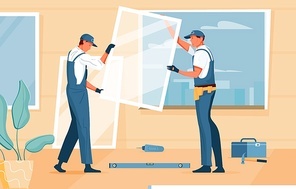Plastic windows installation flat composition with two mens a setting windows at the apartment vector illustration