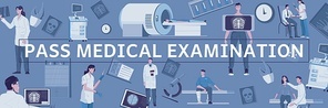 Medical examination pattern composition of text surrounded by flat medical appliance icons and characters of doctors vector illustration