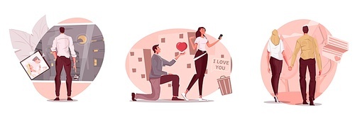 Set of three love people compositions with flat human characters of lovers with romantic heart icons vector illustration