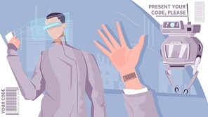 People barcode flat composition with abstract background and human character with futuristic hand scanner and robot vector illustration