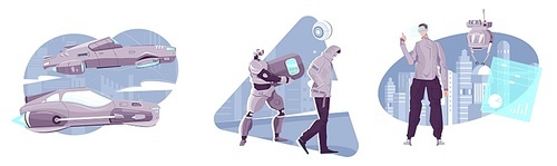 Technologies of future flat compositions with robots futuristic vehicles man wearing headset with vr interface isolated vector illustration