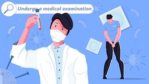 Sexually transmitted diseases tests flat composition with characters of patient with doctor and icons of virus vector illustration