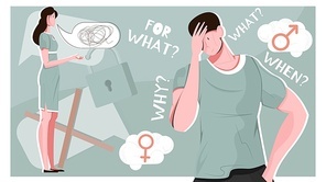 Man misunderstanding woman composition with doodle characters of couple with thought bubbles lock icons and text vector illustration