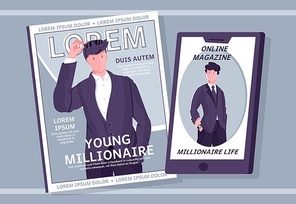 Millionaire rich people composition with flat images of printed magazine and tablet with luxury life newspaper vector illustration