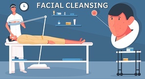 Face cleaning man composition with doodle human characters of patient and doctor with operating room scenery vector illustration