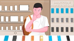 Smartphone protective case flat composition man chooses an accessory for his phone vector illustration