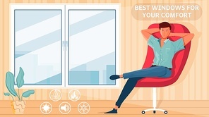 Room with new plastic windows and man relaxing in armchair flat advertising background vector illustration