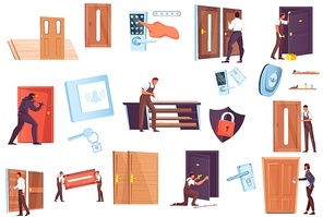 Flat icons set with various modern doors locks thief workers isolated on white  vector illustration