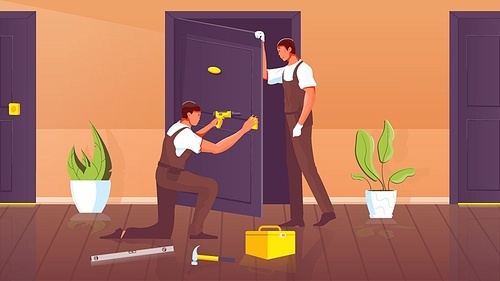 Two workers in uniform with drill installing door flat vector illustration
