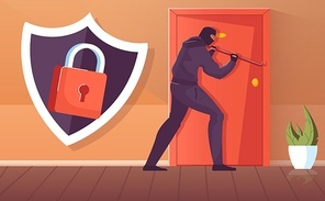 Thief in black mask trying to force door flat vector illustration