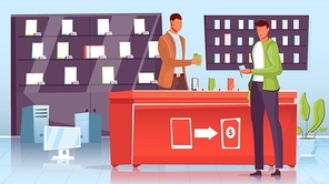 Man making purchase at gadget or pawnshop flat vector illustration