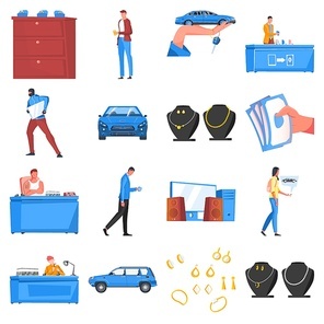 Pawnshop colored flat icons set with human characters jewelry car burglar cash counter isolated on white  vector illustration