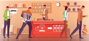 People pawn cars gadget jewelry at pawnshop flat vector illustration