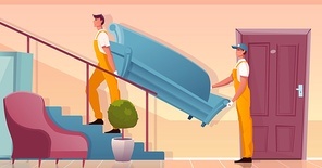 Furniture delivery background with two movers carrying blue sofa upstairs flat vector illustration