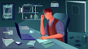 Writer in his study sitting with laptop and papers writing book flat vector illustration