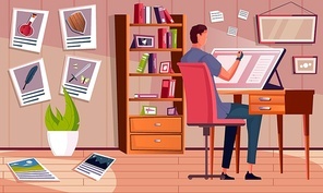Flat background with male book illustrator drawing at his desk in study vector illustration