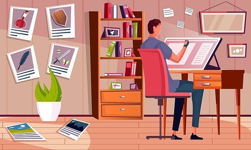 Flat background with male book illustrator drawing at his desk in study vector illustration