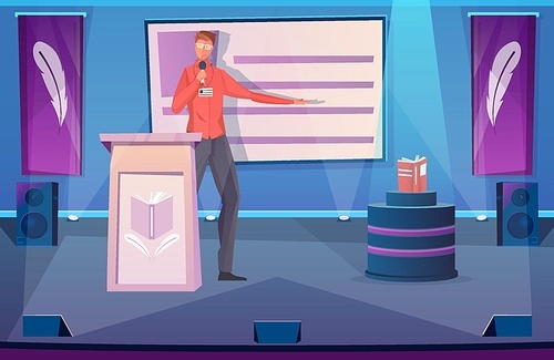 Man with microphone holding presentation of new book on stage flat vector illustration