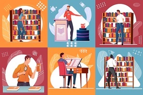 Set of compositions with people buying presenting drawing new books flat isolated vector illustration