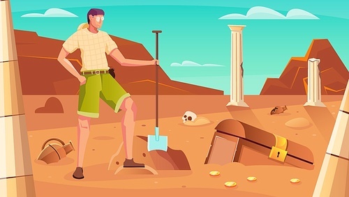 Treasure hunt background with chest digging symbols flat vector illustration