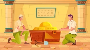 Treasure hunt background with ancient chest and artwork symbols flat vector illustration