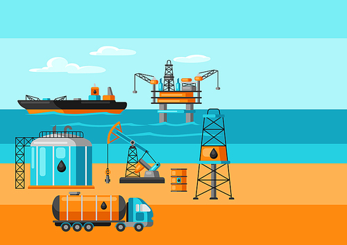 Illustration of oil production. Industrial and business landscape background.