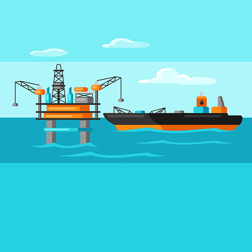 Illustration of oil sea platform and tanker. Industrial and business landscape background.