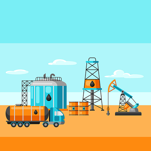 Illustration of oil production. Industrial and business landscape background.