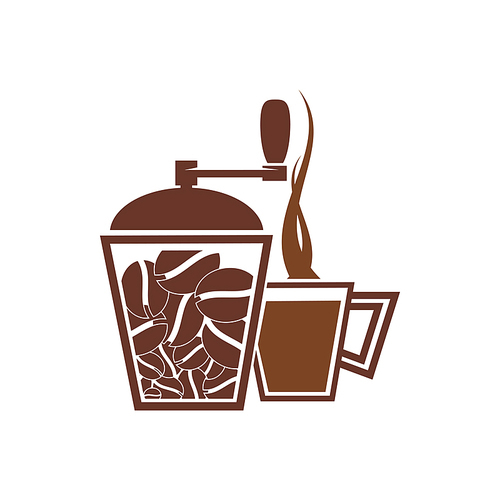 Steaming coffee cup and mechanical coffee grinder with beans isolated. Vector morning drink logo