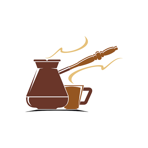 Turkish coffee isolated steaming turk pot and cup. Vector flavored vapor from hot refreshing drink