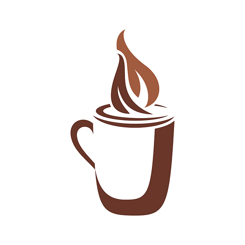 Cocoa hot drink in steaming cup isolated icon. Vector coffee or tea in mug with handle