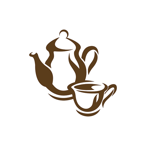 Coffeepot and cup of coffee isolated outline icons. Vector brown teacup, vintage kitchenware