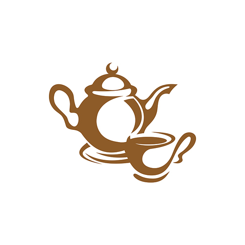 Coffeepot and cup of coffee isolated outline icons. Vector brown teacup, vintage kitchenware