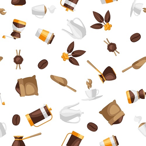 Seamless pattern with coffee icons. Food illustration of beverage items. Background for coffee shop, bar and cafe.