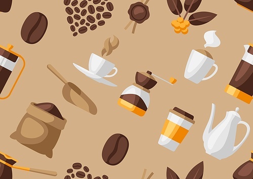 Seamless pattern with coffee icons. Food illustration of beverage items. Background for coffee shop, bar and cafe.