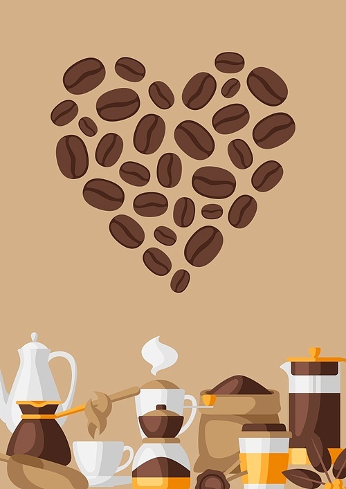 Background with coffee icons. Food illustration of beverage items. Design for coffee shop, bar and cafe.